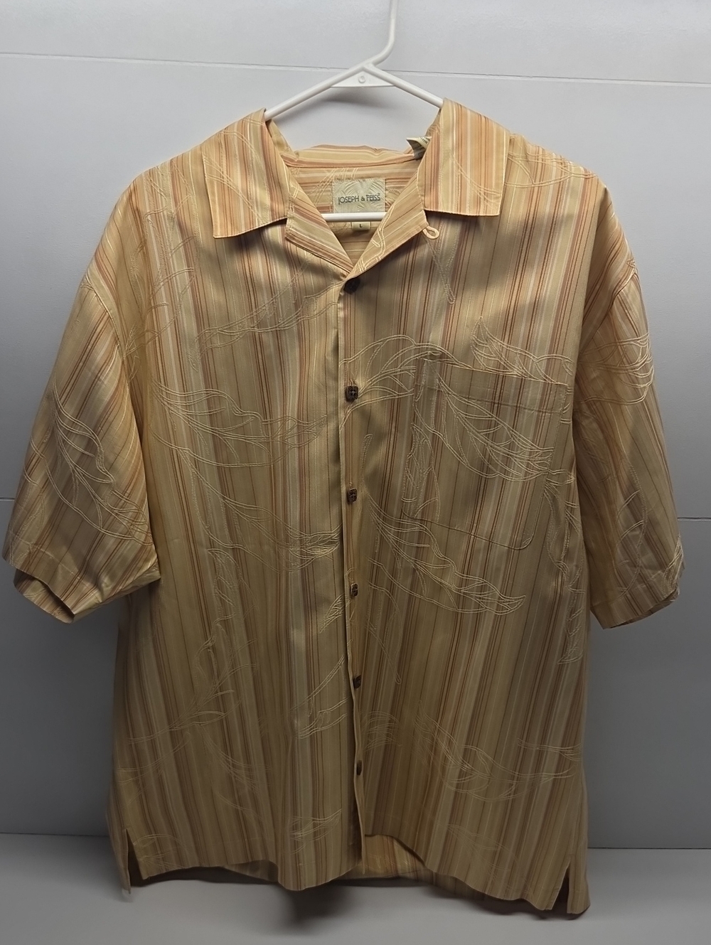 Joseph & Feiss Cream and Tan Striped Short Sleeve Button-Down Shirt